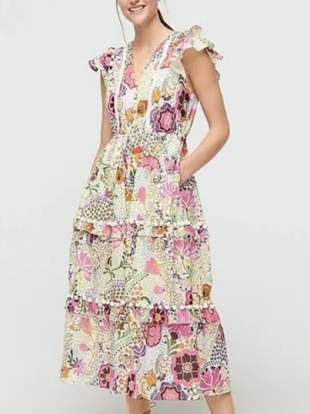 J.Crew Pom-pom Dress Women 6 Multicolor NWOT Ratti‎ Retro Floral Tiered Midi